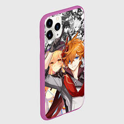 Чехол iPhone 11 Pro матовый ТАРТАЛЬЯ И ЛЮМИН ГЕНШИН ИМПАКТ ЧЁРНО БЕЛЫЙ ФОН, цвет: 3D-фиолетовый — фото 2
