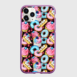 Чехол iPhone 11 Pro матовый Узор из сладостей на черном фоне, цвет: 3D-фиолетовый