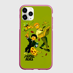 Чехол iPhone 11 Pro матовый Шигео, Ямочки и Рэйгэн налет на пиццу - Mob Psycho, цвет: 3D-малиновый