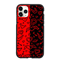 Чехол iPhone 11 Pro матовый Черно-Красные сердца с крылышками, цвет: 3D-черный