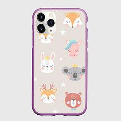 Чехол iPhone 11 Pro матовый Мордочки зверят, цвет: 3D-фиолетовый