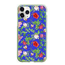 Чехол iPhone 11 Pro матовый Цветочки - синий фон - паттерн, цвет: 3D-салатовый