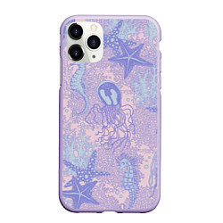 Чехол iPhone 11 Pro матовый Морские коньки и медузы, цвет: 3D-светло-сиреневый
