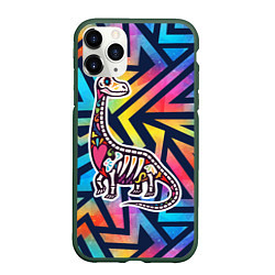 Чехол iPhone 11 Pro матовый Разноцветный скелет динозавра, цвет: 3D-темно-зеленый