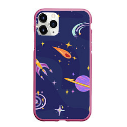 Чехол iPhone 11 Pro матовый Космический дизайн с планетами, звёздами и ракетам, цвет: 3D-малиновый