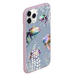 Чехол iPhone 11 Pro матовый Разноцветные акварельные рыбки и белые водоросли, цвет: 3D-розовый — фото 2