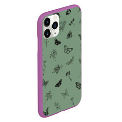 Чехол iPhone 11 Pro матовый Цветочки и бабочки на зеленом фоне, цвет: 3D-фиолетовый — фото 2