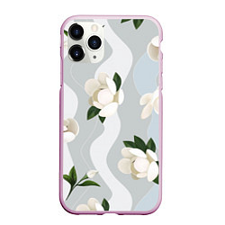 Чехол iPhone 11 Pro матовый Цветы Белые С Полосами, цвет: 3D-розовый