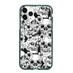 Чехол iPhone 11 Pro матовый Чёрно белые черепа и маки, цвет: 3D-темно-зеленый