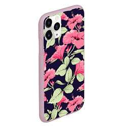 Чехол iPhone 11 Pro матовый Цветы Розовые Гибискусы На Тёмно-Синем Фоне, цвет: 3D-розовый — фото 2