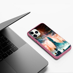 Чехол iPhone 11 Pro матовый Stellaris космические корабли на фоне башни, цвет: 3D-малиновый — фото 2