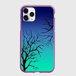 Чехол iPhone 11 Pro матовый Черные абстрактные ветки деревьев на сине-зеленом, цвет: 3D-фиолетовый