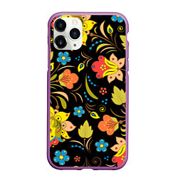 Чехол iPhone 11 Pro матовый Русские узорыХохлома, цвет: 3D-фиолетовый