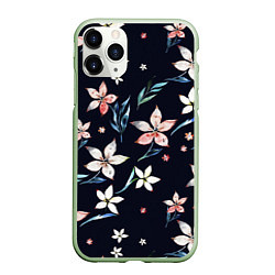 Чехол iPhone 11 Pro матовый Цветы Нарисованные Акварелью На Чёрном Фоне, цвет: 3D-салатовый