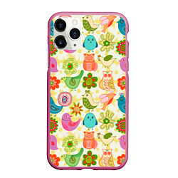 Чехол iPhone 11 Pro матовый COLORFUL BIRDS, цвет: 3D-малиновый