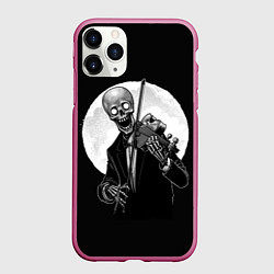 Чехол iPhone 11 Pro матовый Скелет скрипач под полной луной, цвет: 3D-малиновый
