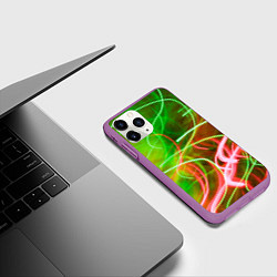 Чехол iPhone 11 Pro матовый Неоновые линии и фонари - Зелёный, цвет: 3D-фиолетовый — фото 2