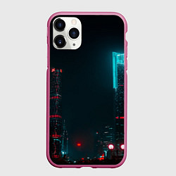 Чехол iPhone 11 Pro матовый Неоновые высотки в городе - Светло-синий, цвет: 3D-малиновый