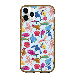 Чехол iPhone 11 Pro матовый Паттерн из морских жителей Лето, цвет: 3D-коричневый