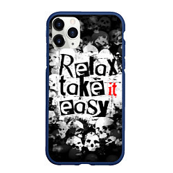 Чехол iPhone 11 Pro матовый Relax Take it easy надпись с черепами, цвет: 3D-тёмно-синий