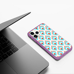 Чехол iPhone 11 Pro матовый Бирюзовые с рыжим неоновые абстрактные ромбы, цвет: 3D-фиолетовый — фото 2