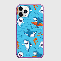 Чехол iPhone 11 Pro матовый Прикольные акулята - паттерн, цвет: 3D-фиолетовый