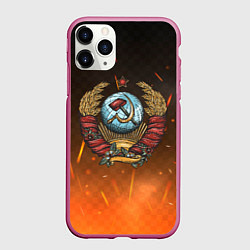 Чехол iPhone 11 Pro матовый Герб СССР на фоне огня, цвет: 3D-малиновый