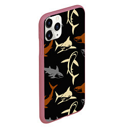 Чехол iPhone 11 Pro матовый Стая акул - паттерн - ночной океан, цвет: 3D-малиновый — фото 2