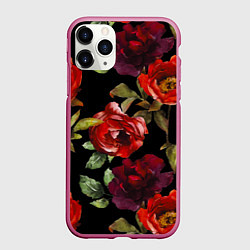 Чехол iPhone 11 Pro матовый Цветы Нарисованные Розы На Чёрном Фоне