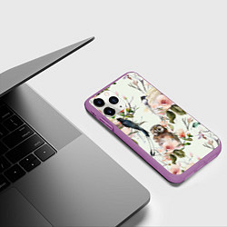 Чехол iPhone 11 Pro матовый Цветы Нарисованные Магнолии и Птицы, цвет: 3D-фиолетовый — фото 2