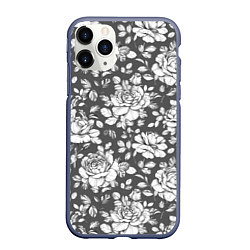 Чехол iPhone 11 Pro матовый Крупные белые розы на сером фоне, цвет: 3D-серый