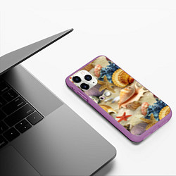 Чехол iPhone 11 Pro матовый Морские раковины, кораллы, морские звёзды на песке, цвет: 3D-фиолетовый — фото 2