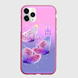 Чехол iPhone 11 Pro матовый BTS красивые бабочки, цвет: 3D-малиновый
