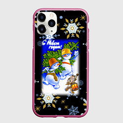 Чехол iPhone 11 Pro матовый Новый год снеговики несут ёлочку, цвет: 3D-малиновый