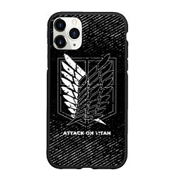 Чехол iPhone 11 Pro матовый Attack on Titan с потертостями на темном фоне, цвет: 3D-черный