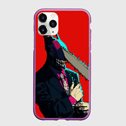 Чехол iPhone 11 Pro матовый Человек бензопила в деловом костюме, цвет: 3D-фиолетовый