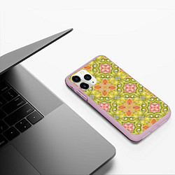 Чехол iPhone 11 Pro матовый Зеленые узоры и оранжевые цветы, цвет: 3D-розовый — фото 2
