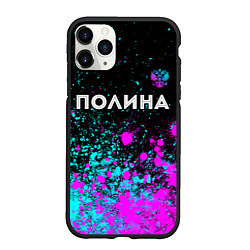 Чехол iPhone 11 Pro матовый Полина и неоновый герб России: символ сверху, цвет: 3D-черный