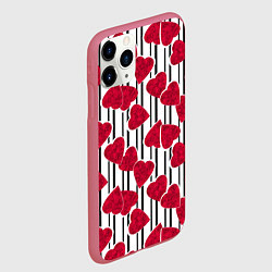 Чехол iPhone 11 Pro матовый Вырезанные мраморный сердца на черно белом полосат, цвет: 3D-малиновый — фото 2