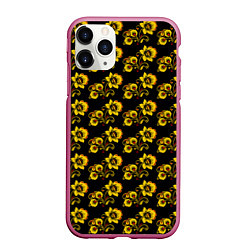 Чехол iPhone 11 Pro матовый Хохломская роспись цветы на чёрном фоне, цвет: 3D-малиновый