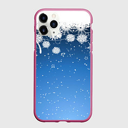 Чехол iPhone 11 Pro матовый Снежный узор на синем фоне, цвет: 3D-малиновый