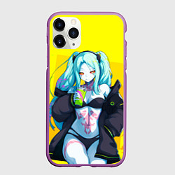Чехол iPhone 11 Pro матовый Ребекка пьет коктель - Киберпанк аниме, цвет: 3D-фиолетовый