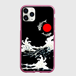 Чехол iPhone 11 Pro матовый Волны и рыбки, цвет: 3D-малиновый