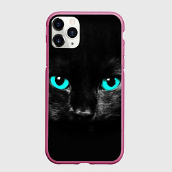 Чехол iPhone 11 Pro матовый Чёрный кот с бирюзовыми глазами, цвет: 3D-малиновый