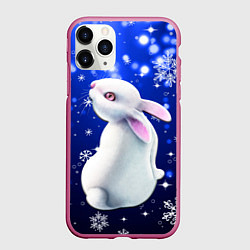 Чехол iPhone 11 Pro матовый Белый кролик в снежинках, цвет: 3D-малиновый
