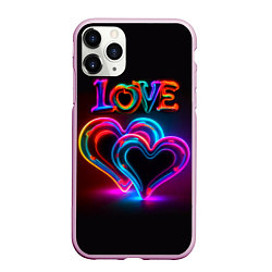 Чехол iPhone 11 Pro матовый Love - неоновые сердца, цвет: 3D-розовый