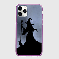 Чехол iPhone 11 Pro матовый Halloween - силуэт ведьмы с котом, цвет: 3D-фиолетовый