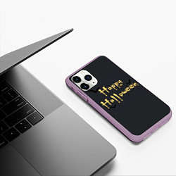 Чехол iPhone 11 Pro матовый Happy Halloween надпись с летучими мышами, цвет: 3D-сиреневый — фото 2