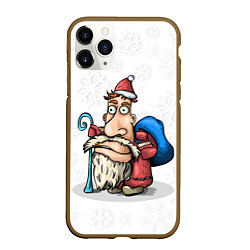 Чехол iPhone 11 Pro матовый Дед Мороз спешит с подарками на фоне снежинок, цвет: 3D-коричневый
