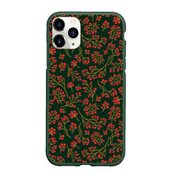 Чехол iPhone 11 Pro матовый Красные ягоды на темно-зеленом фоне, цвет: 3D-темно-зеленый